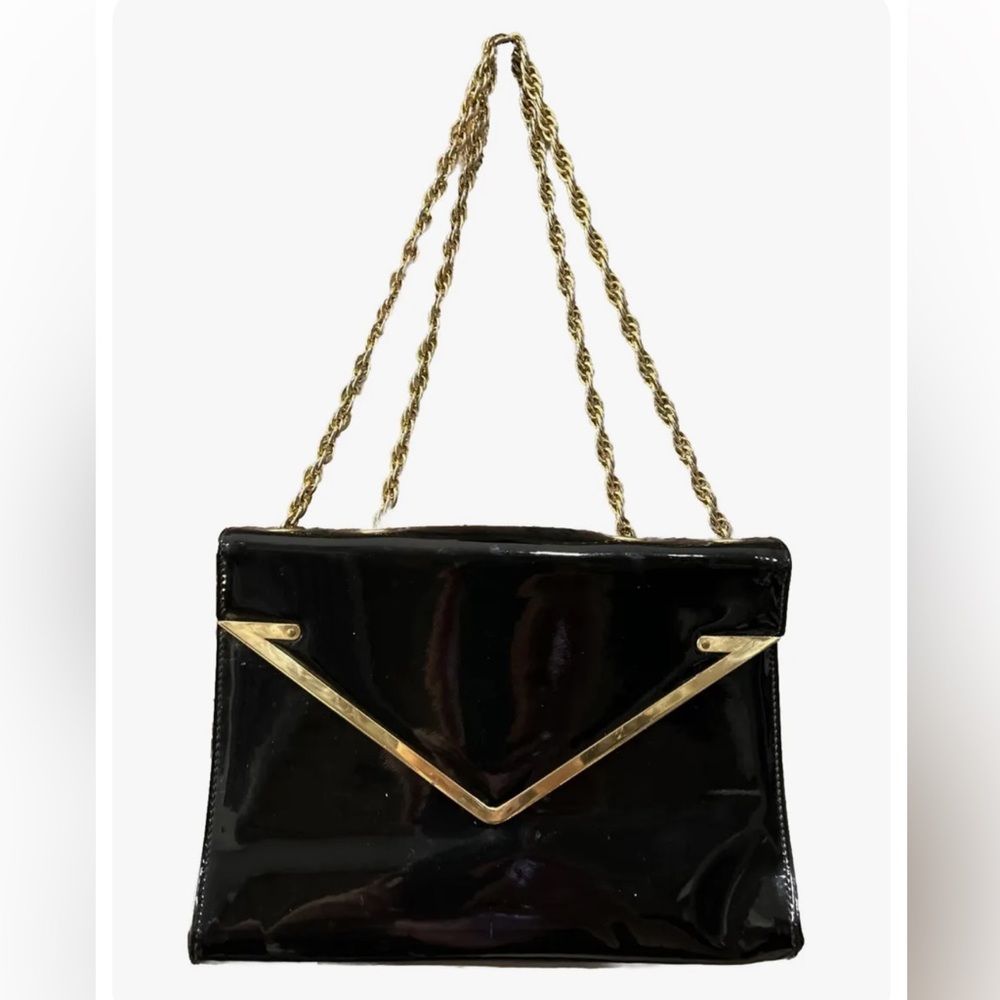 Vintage 50s/ 60s Block Black Patent Leather Purse Handbag Gold Chain Unique￼￼